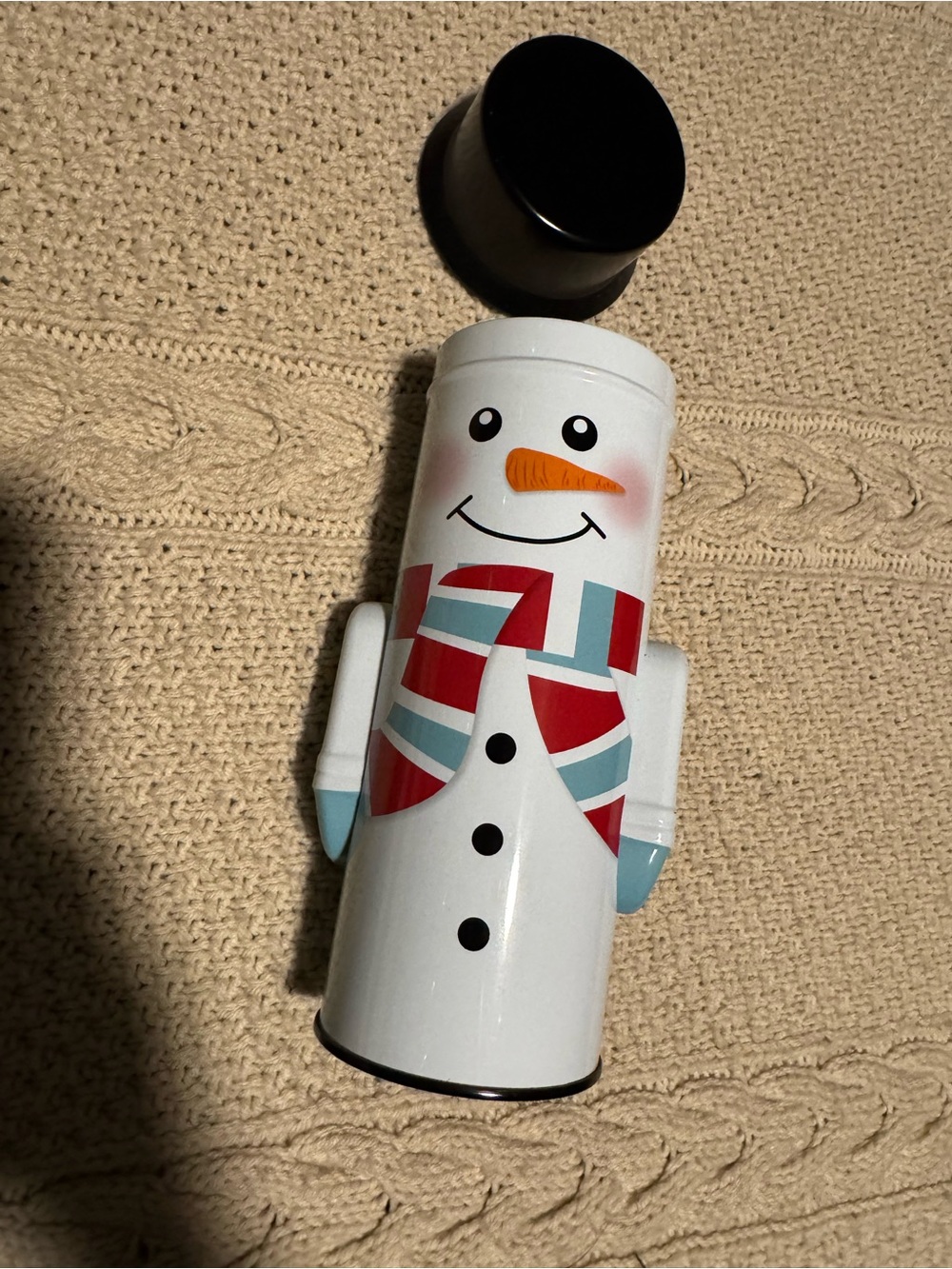 Snowman Tin Candy Container - White with Red & Teal Scarf 🧣